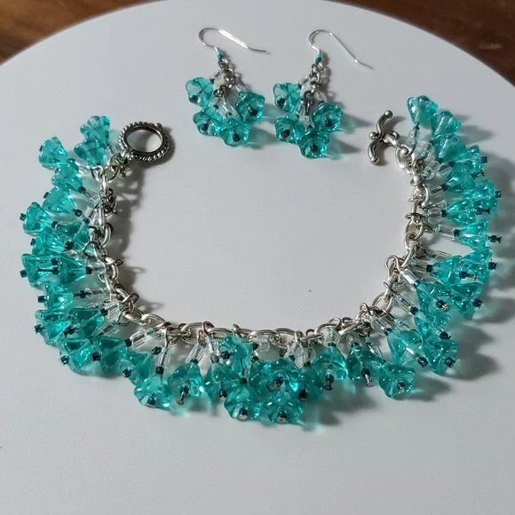 Bracelet Set 7.25 Charm Earrings Handmade Turquoise Czech Flower Glass Bead